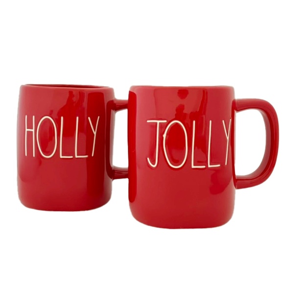 Rae Dunn Holiday HOLLY, JOLLY Red Set of 2 Mugs By Magenta NWOT - Picture 1 of 9